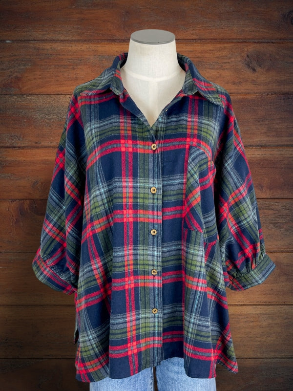 Plaid Pockets Buttoned Top