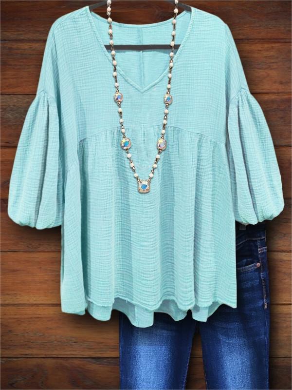 Solid Color Lantern Sleeve Casual Blouse