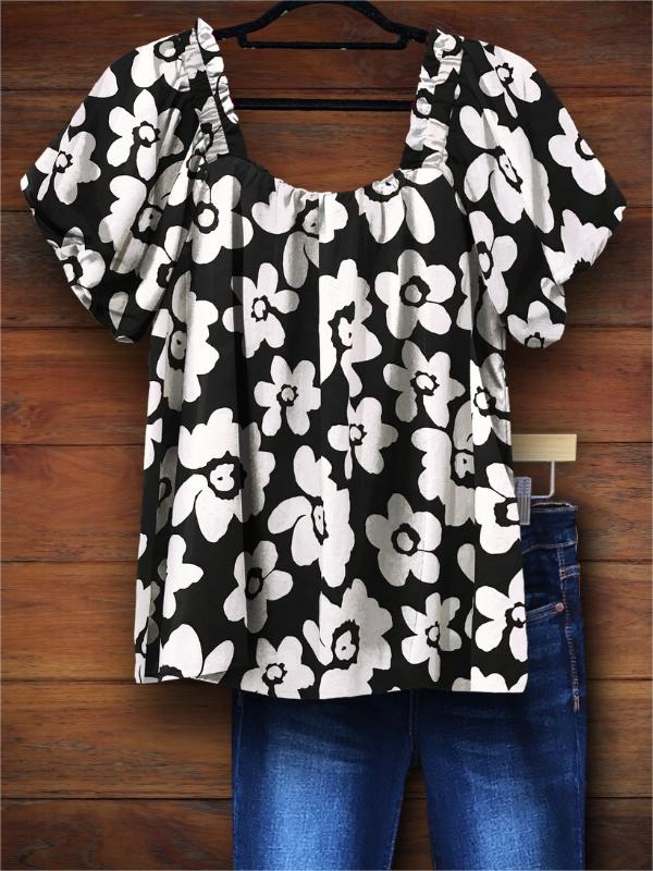 Black and White Floral Puff Sleeve Blouse