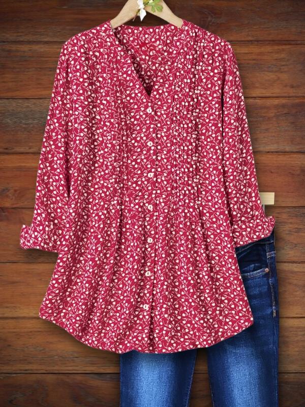 Leaves Print Pleated Loose Blouse