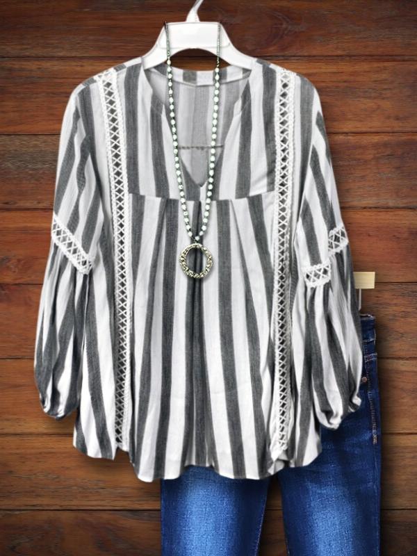 Classic Striped Lace Patchwork Casual Blouse