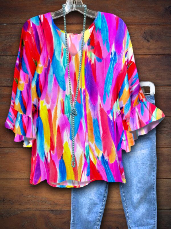 Colorful Feather Print Ruffle Sleeve Top