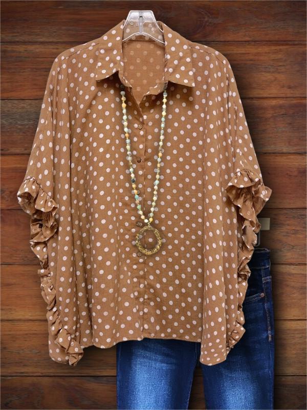 Polka Dot Print Ruffle Batwing Sleeve Blouse