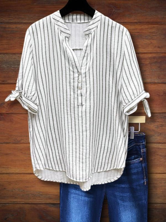 Split Collar Striped Knotted Blouse