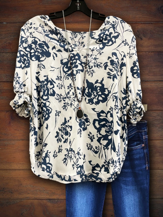 Casual Floral Print V-Neck Top