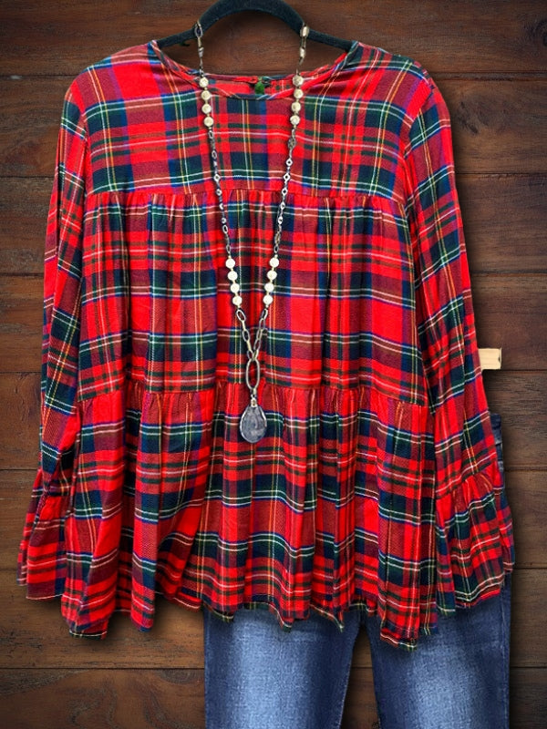 Plaid Ruffled Sleeve Ruched Top