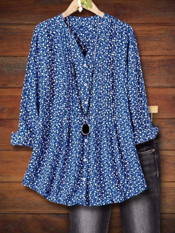 Leaves Print Pleated Loose Blouse