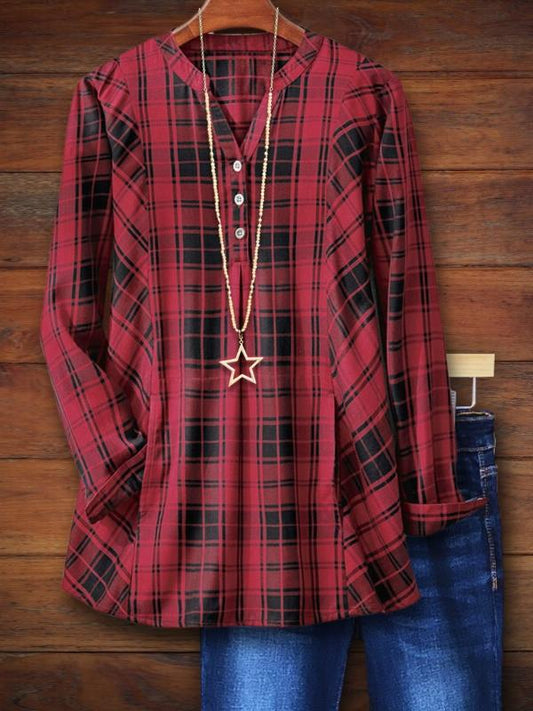 Classic Red Plaid Casual Blouse