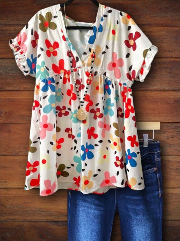 Fresh Floral Print Ruffled Blouse