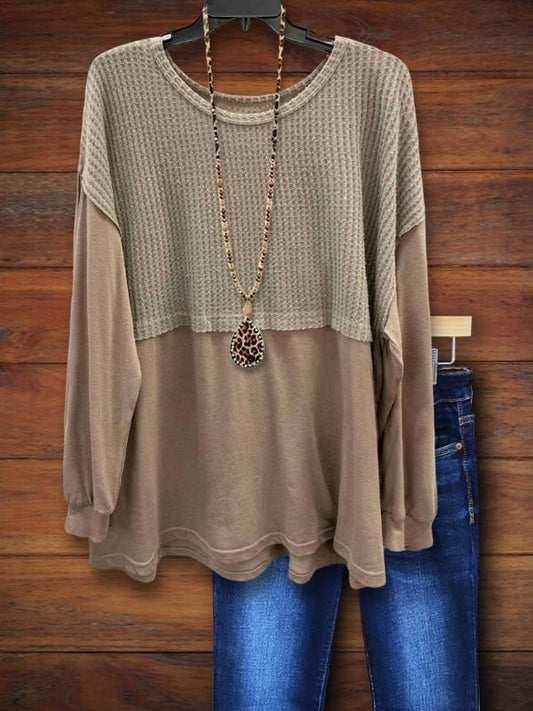 Khaki Waffle Patchwork Loose Top