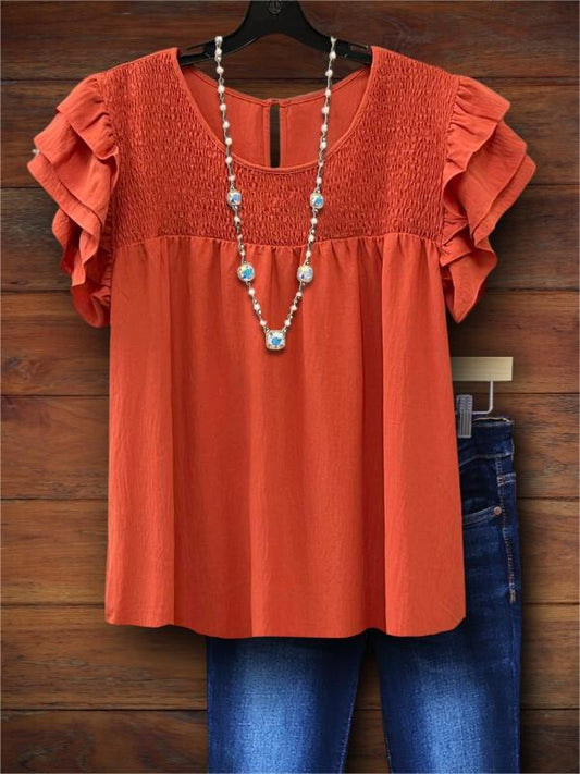 Solid Color Pleated Ruffle Casual Blouse