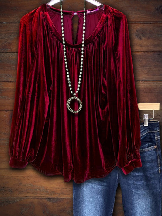 Vintage Velvet Pleated Top In Red