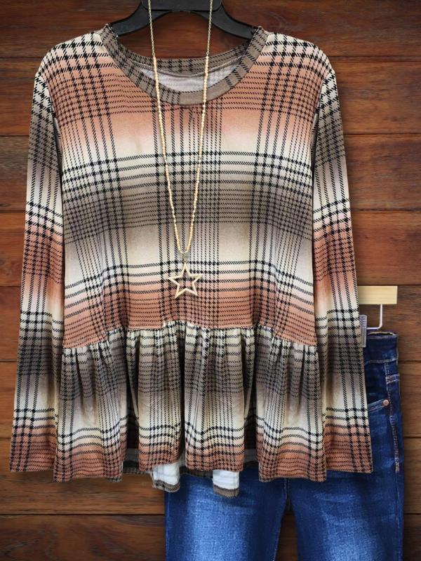 Gradient Plaid Pleated Casual Blouse