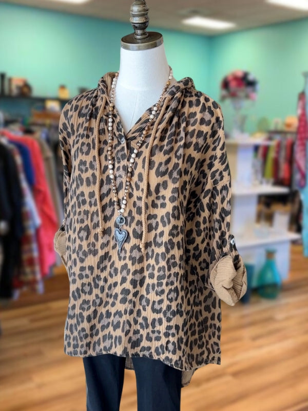 Leopard Print Button Hoodie