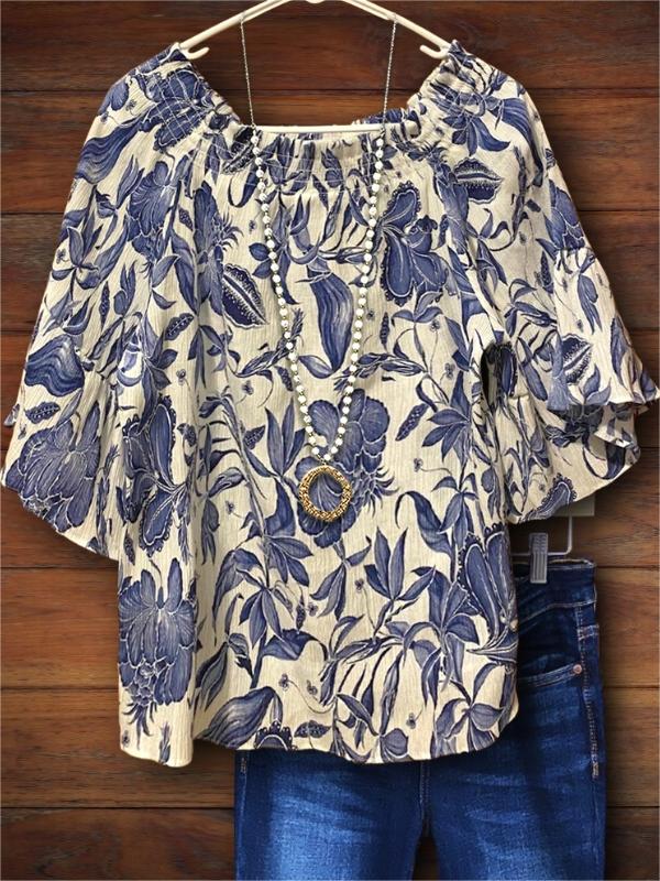 Vintage Nature Print Ruffled Casual Blouse