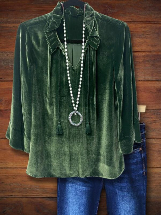 Solid Velvet Ruffled Blouse