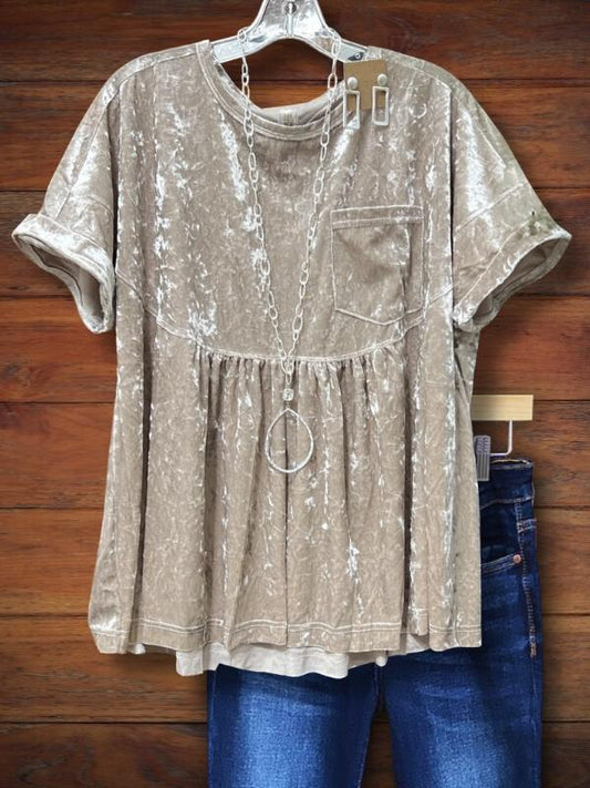 Silver Velvet Pleated Patch Pocket Blouse