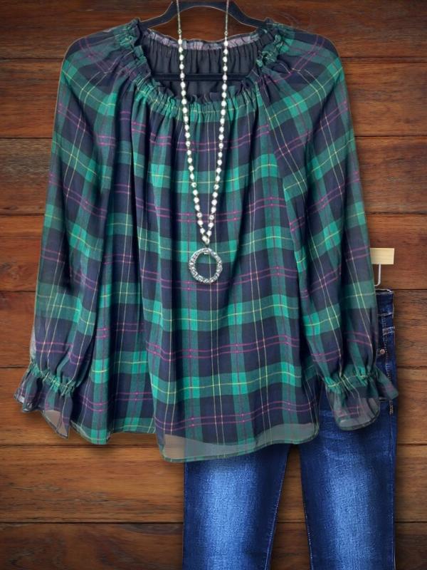 Vintage Plaid Gathered Blouse