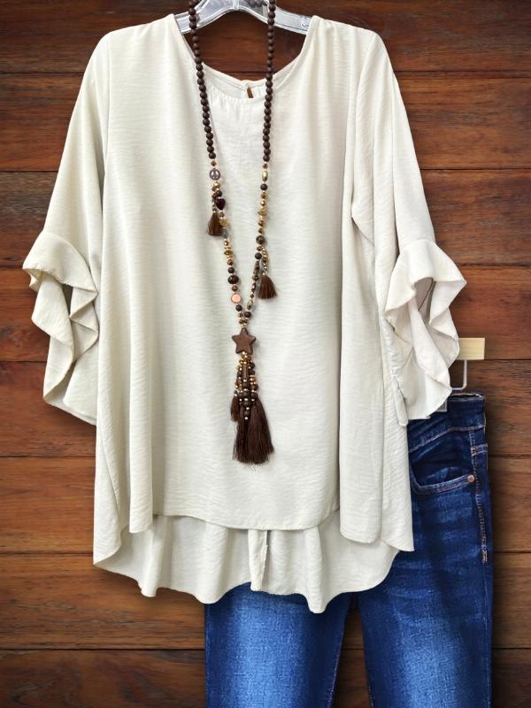 Beige Ruffle Sleeve Loose Blouse