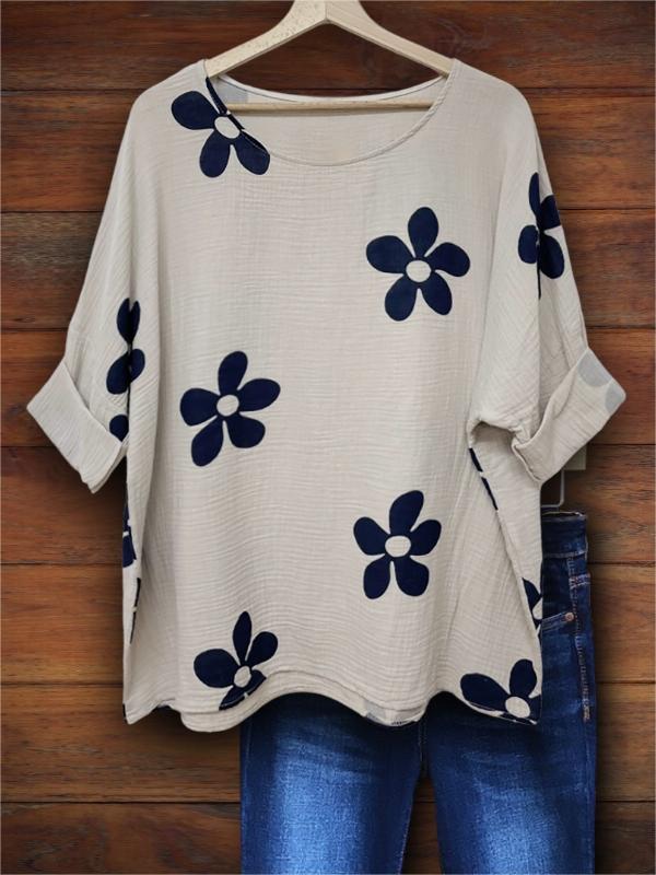 Flower Print Raglan Sleeve Casual Blouse