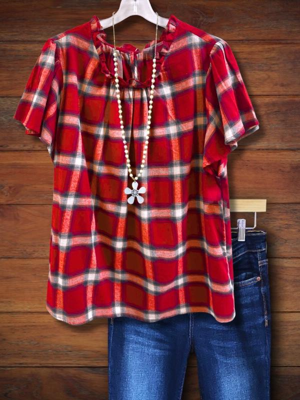 Plaid Gathered Loose Blouse