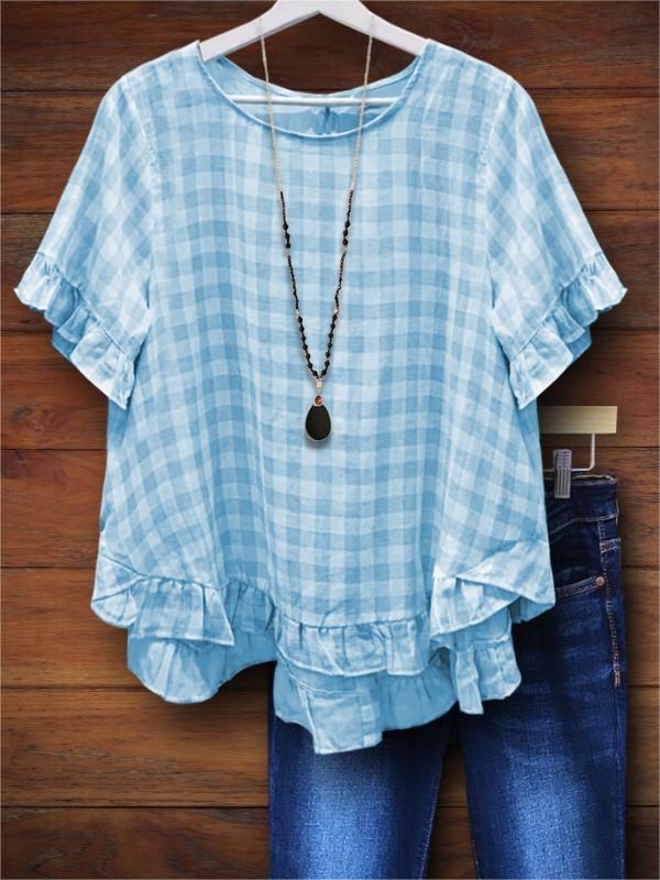 Vintage Plaid Ruffled Babydoll Blouse In Baby Blue