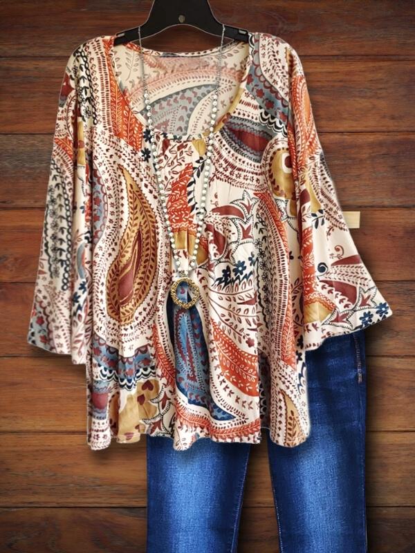 Tribal Print Ruffled Casual Blouse