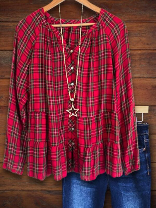 Red Check Tiered Ruffled Blouse