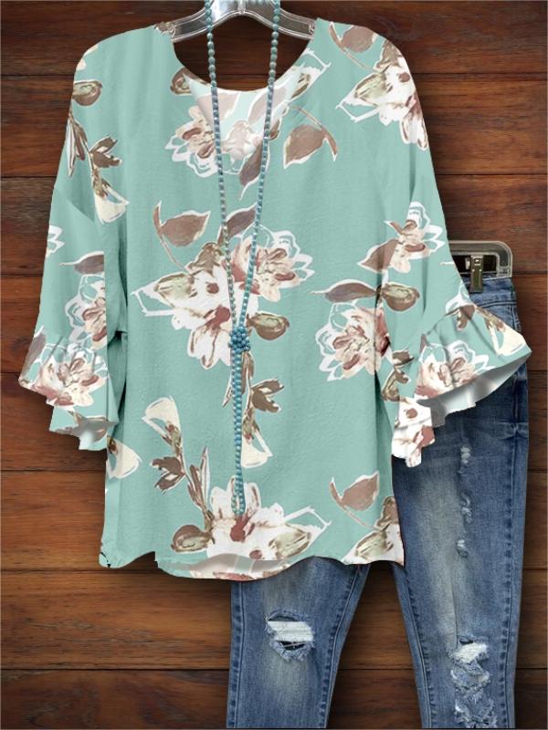 Art Floral Printed Ruffle Blouse