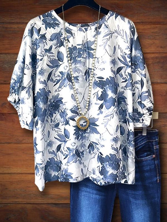 Ink Style Leaf Print Casual Blouse