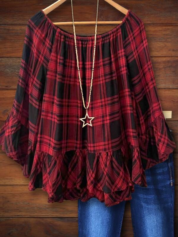 Temperament Red Plaid Ruffle Sleeve Blouse