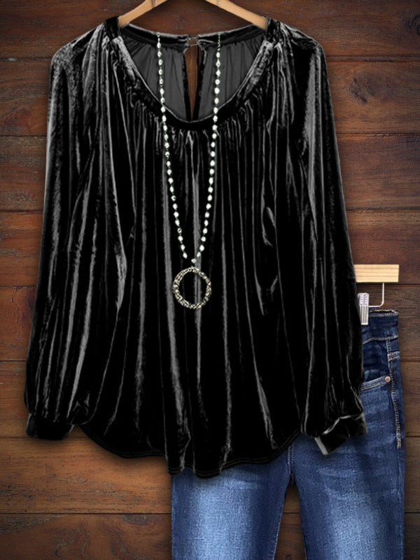 Vintage Velvet Pleated Top In Black