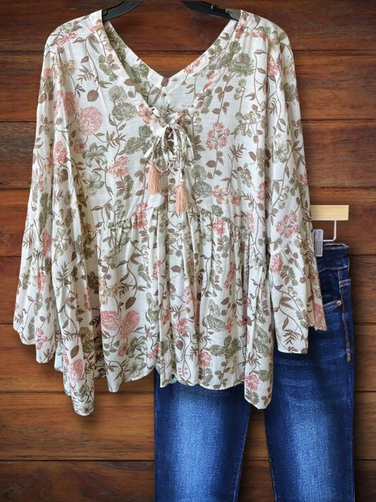 Natural Floral Ruffle Casual Blouse