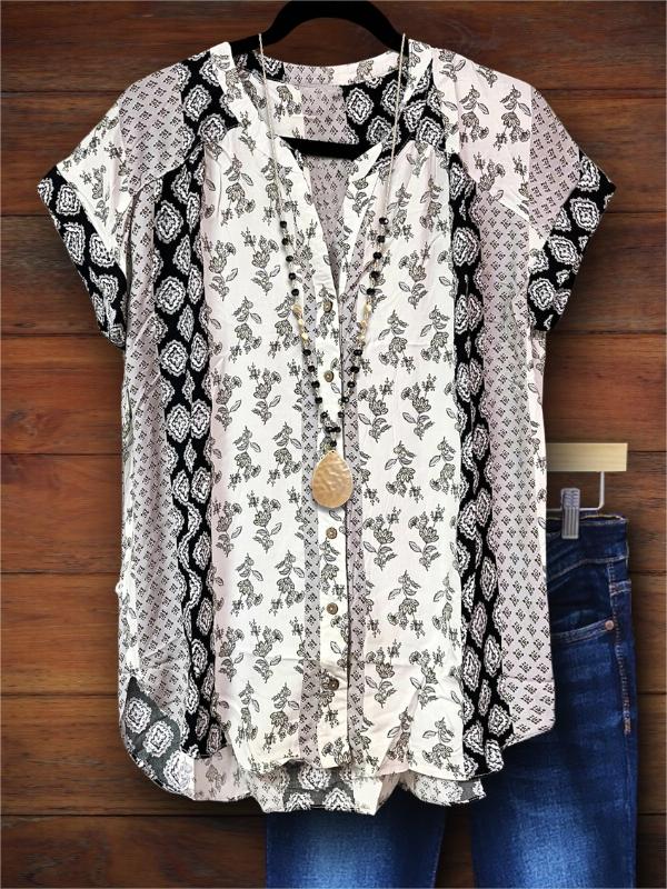 Ethnic Style Natural Print Casual Blouse