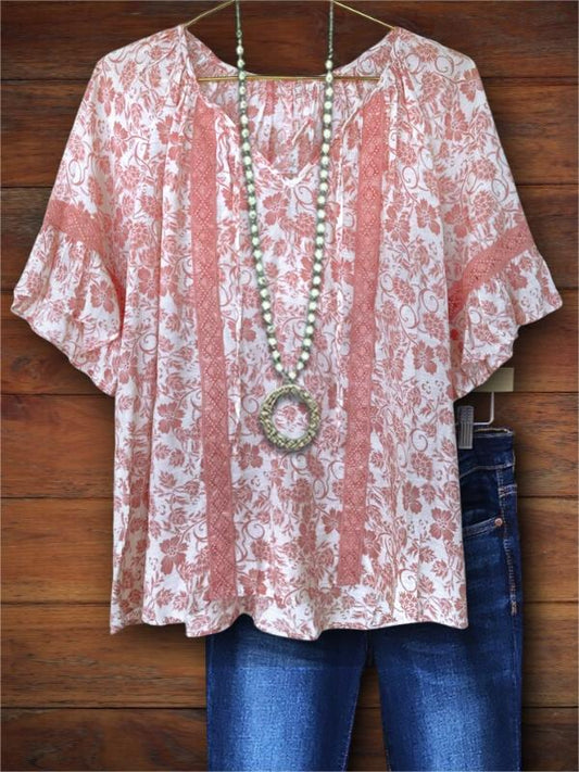 Floral Print Lace Patchwork Ruffle Blouse