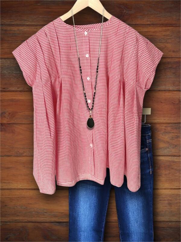 Plaid Pleated Casual Loose Blouse