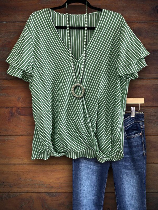 Casual Stripe Print Ruffle Top