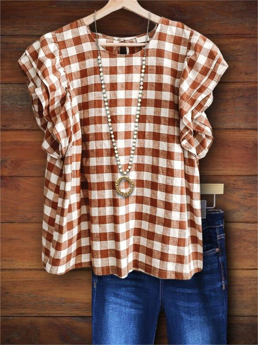 Classic Plaid Ruffle Casual Blouse