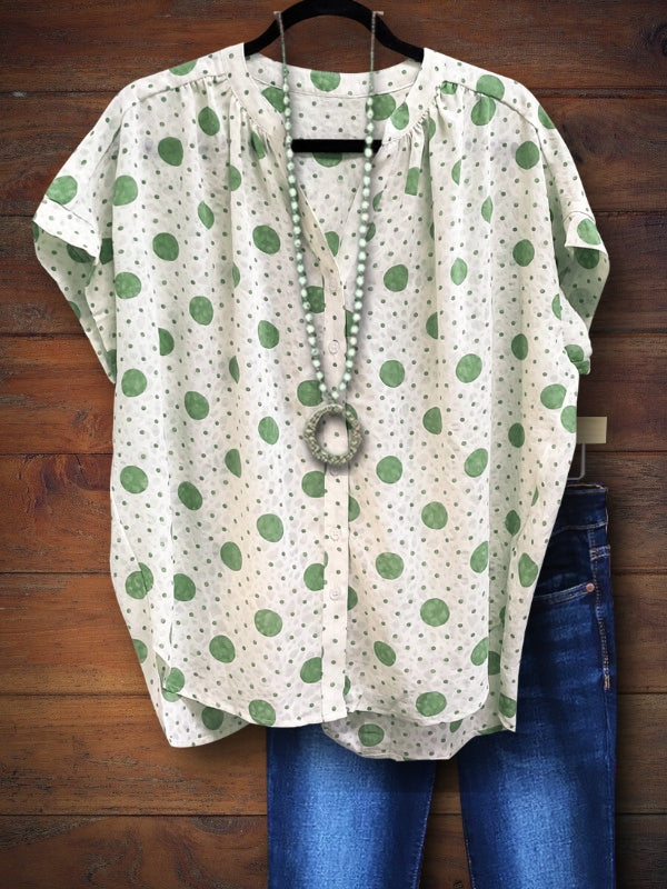 Polka Dot V-Neck Shirt In Green