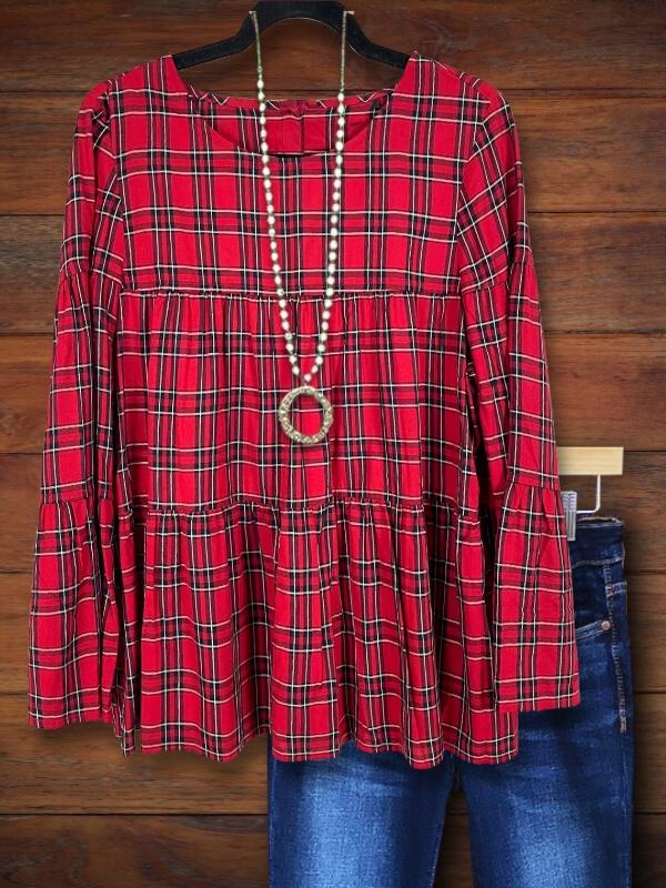 Vintage Red Plaid Casual Blouse