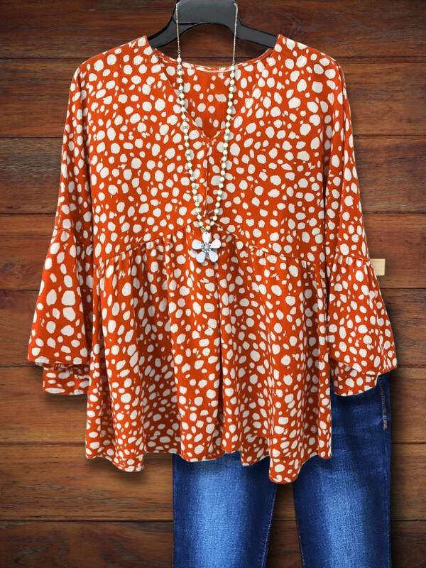 Irregular Dot Printed Ruffled Casual Blouse