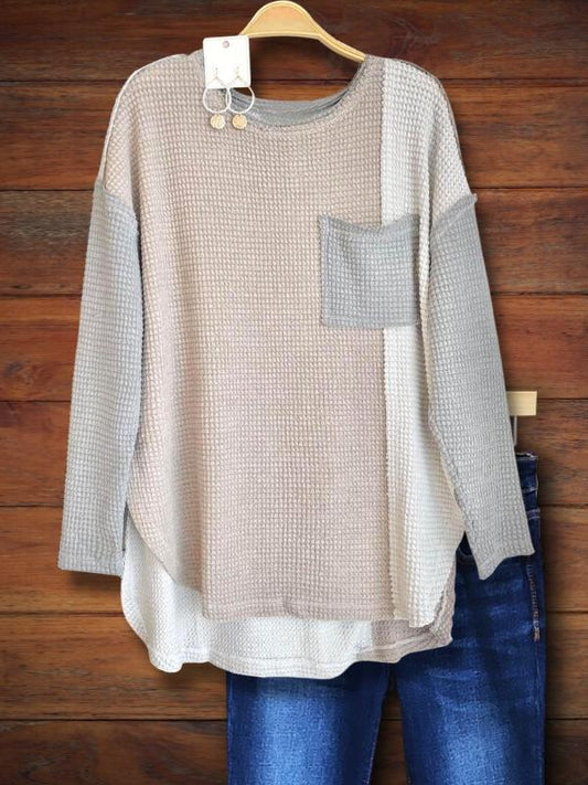 Contrast Waffle Patch Pocket Loose Top