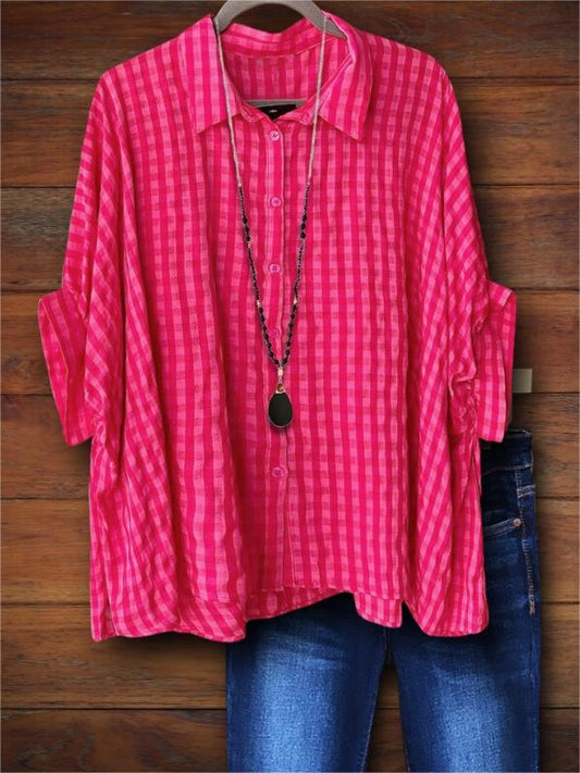 Rose Red Plaid Lapel Loose Blouse