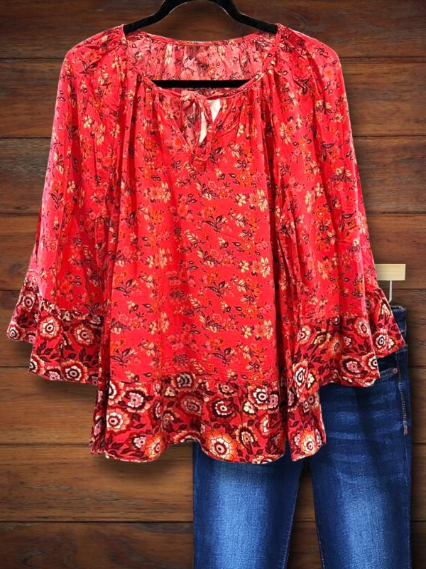 Mixed Floral Print Ruffle Blouse