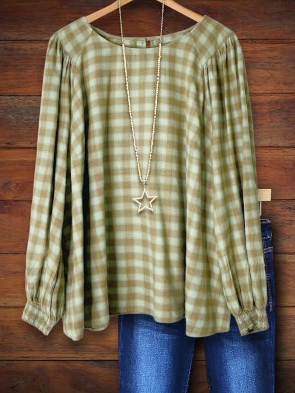 Round Neck Plaid Gathered Loose Top