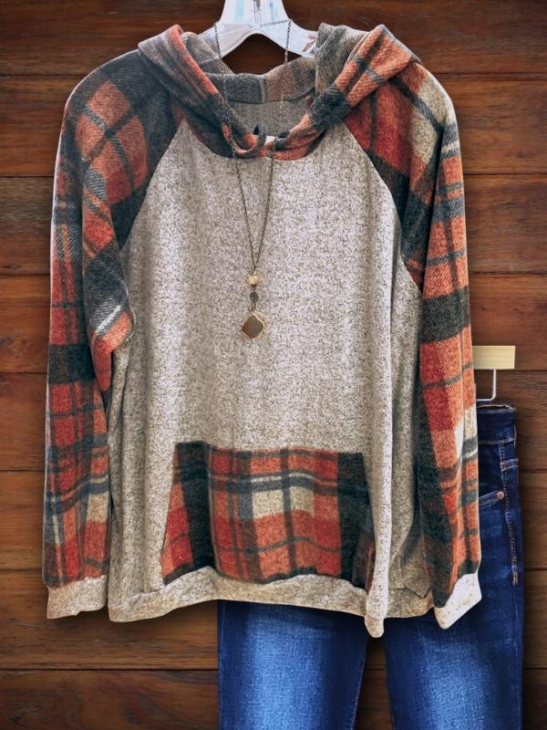 Plaid Contrast Patchwork Casual Hoodie