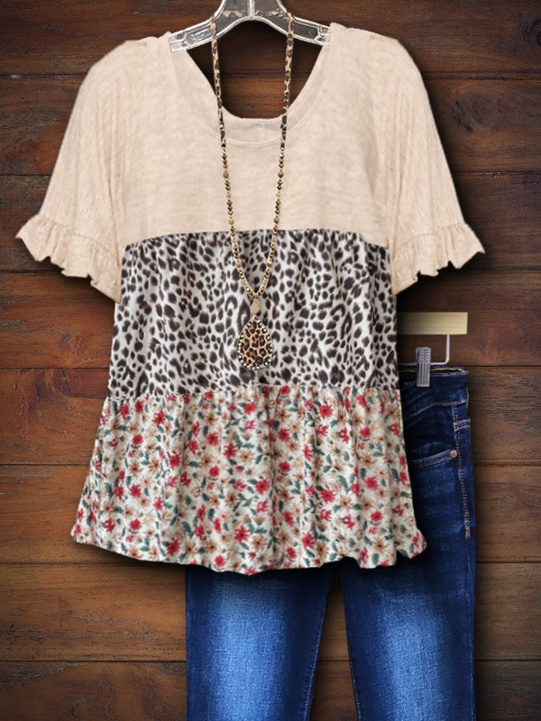 Printed Patchwork Ruffled Casual Top