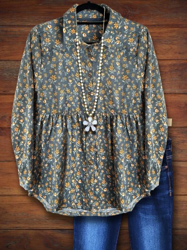 Vintage Floral Corduroy Casual Blouse