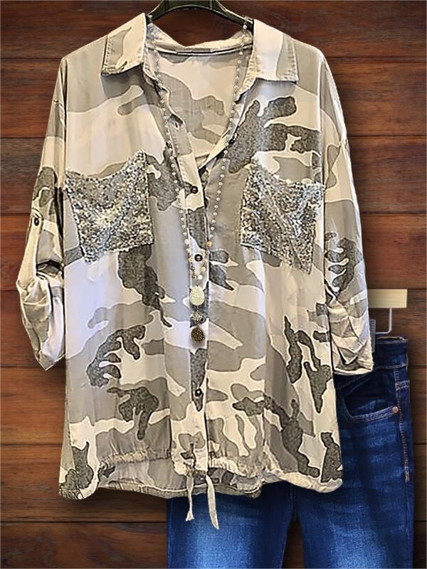 Camouflage Printed Smocked Sequin Shirt