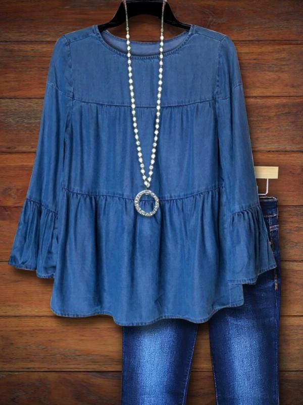 Denim Ruffle Sleeve Layered Blouse